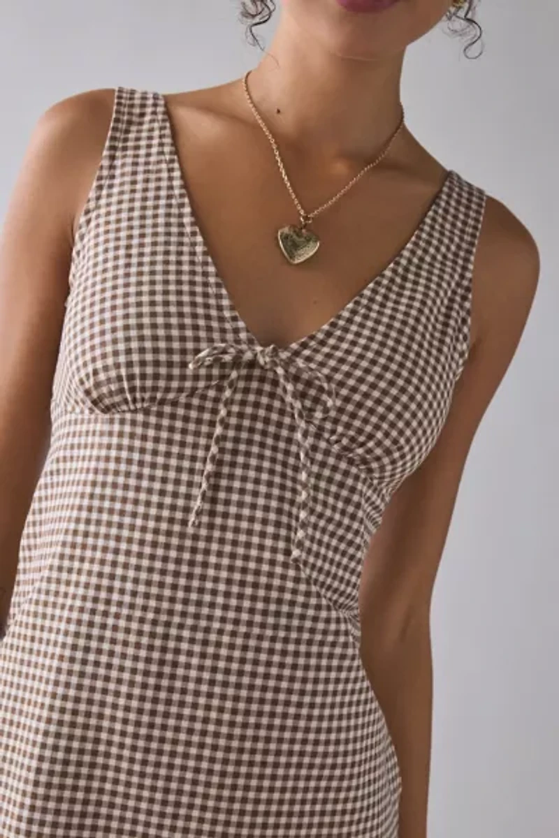 Motel Asatari Tie-Front Bow Detail Brown Gingham Mini Dress