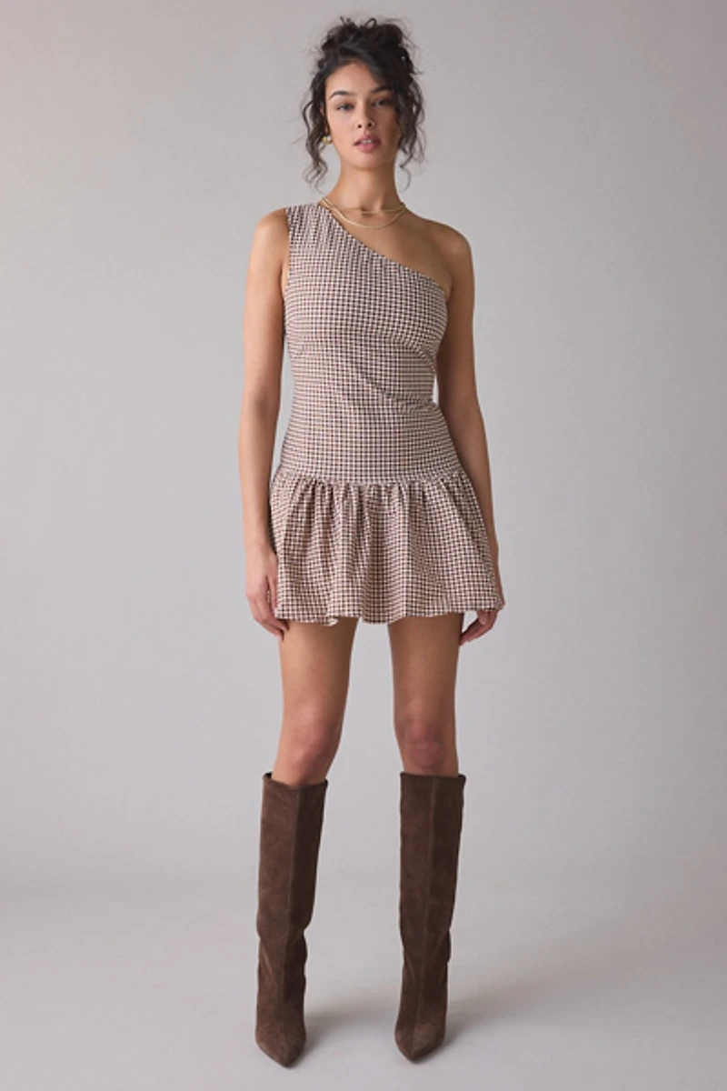 Motel Munasa One-Shoulder Drop Waist Gingham Mini Dress