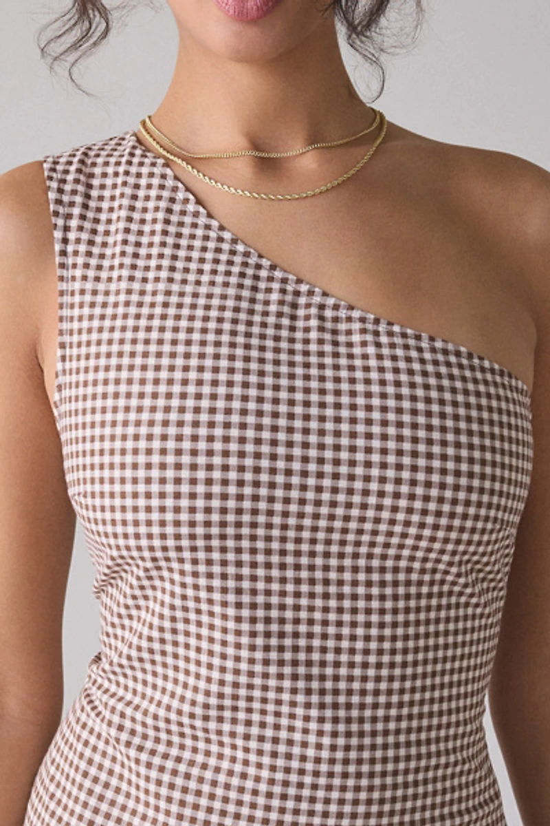 Motel Munasa One-Shoulder Drop Waist Gingham Mini Dress