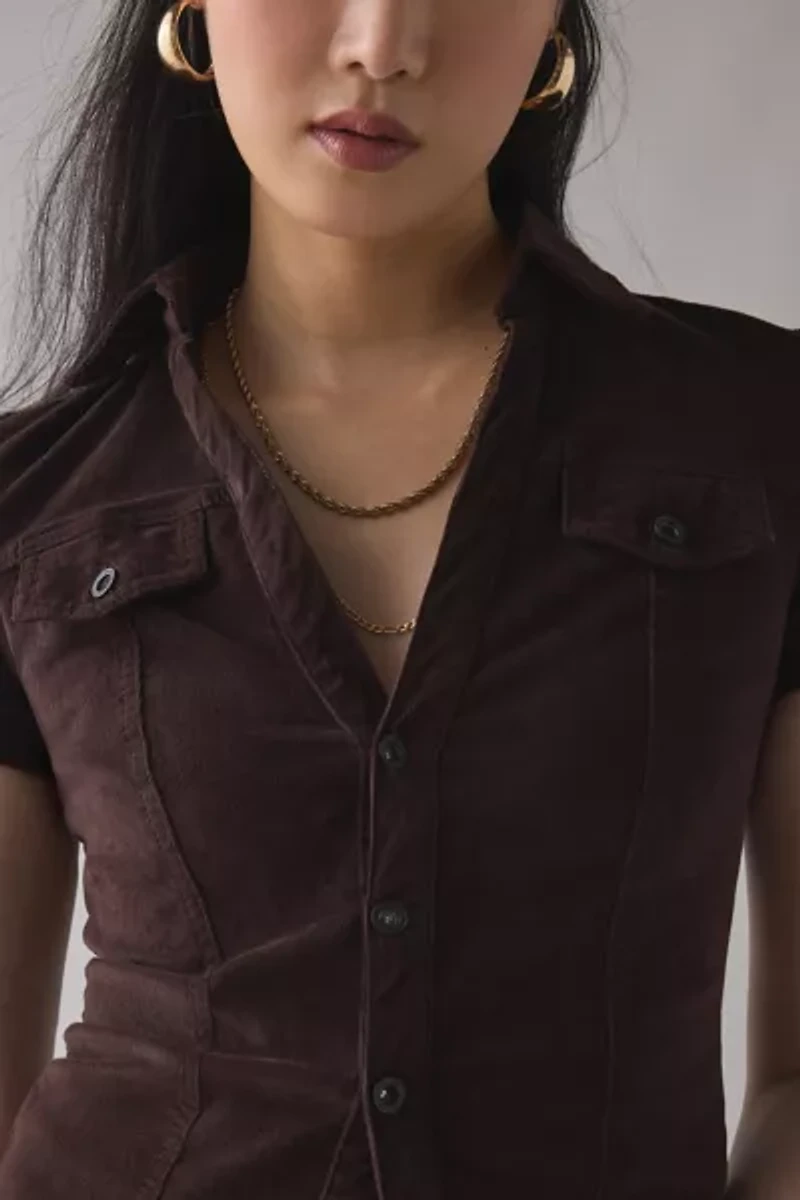 BDG Polly Corduroy Slim Short Sleeve Button-Up Shirt