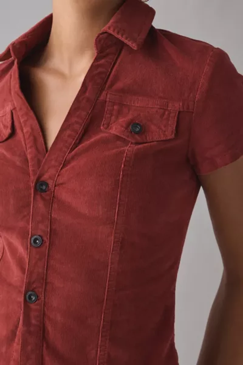 BDG Polly Corduroy Slim Short Sleeve Button-Up Shirt