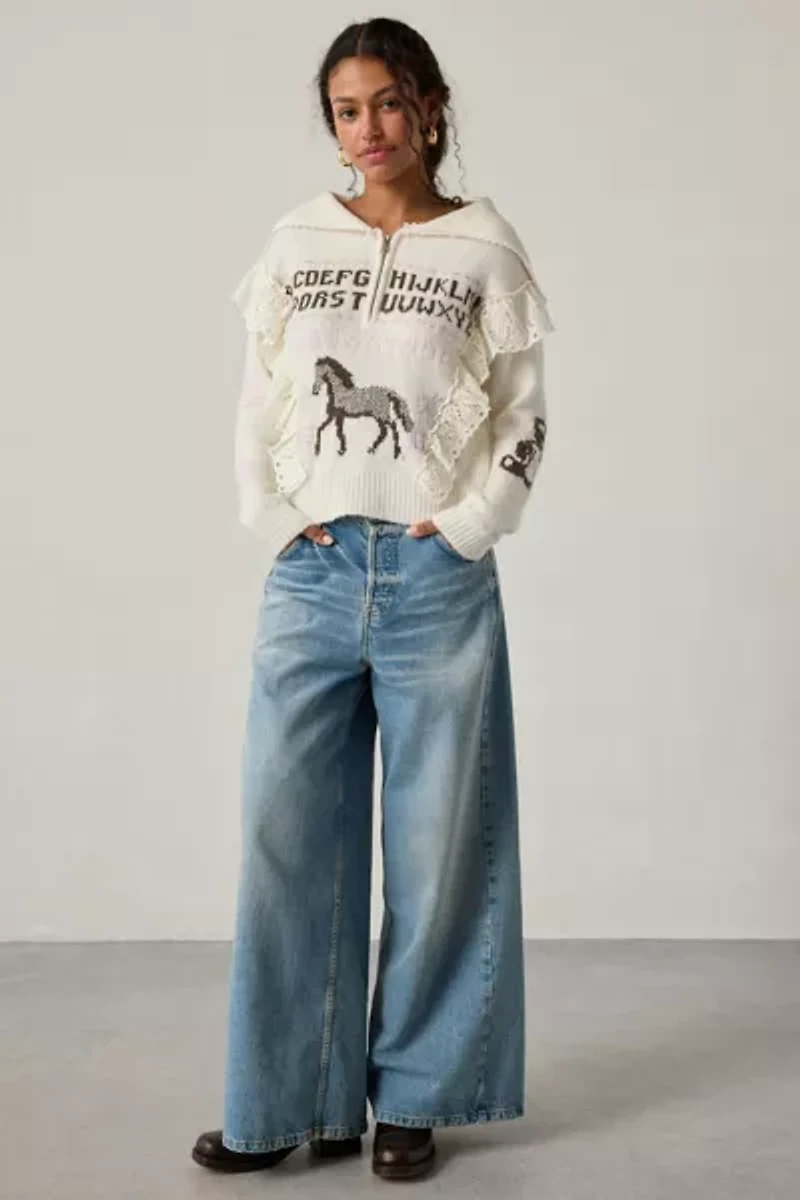 Kimchi Blue Paloma Lace Trim 1/4 Zip Pullover Sweater