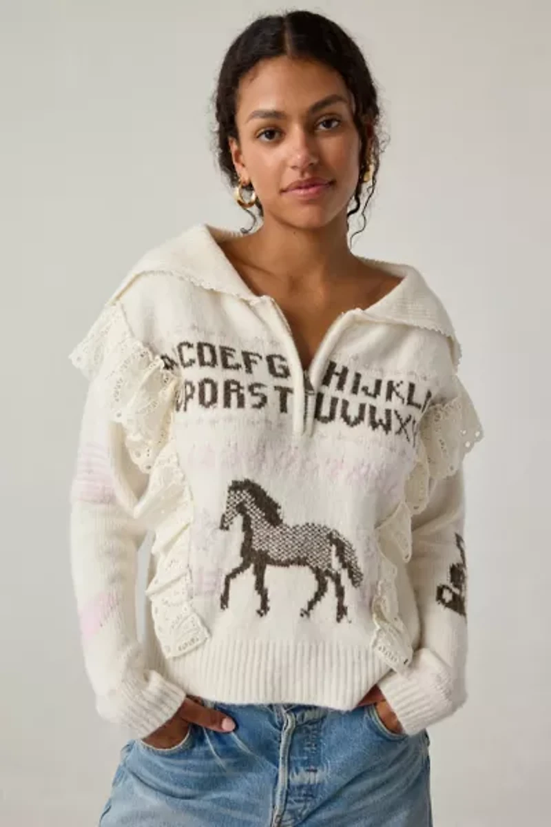 Kimchi Blue Paloma Lace Trim 1/4 Zip Pullover Sweater