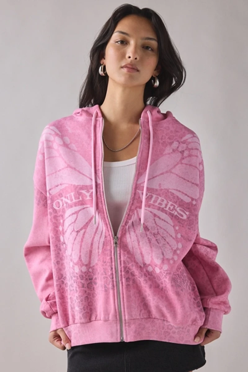 Leopard Print Butterfly Graphic Oversized Zip-Up Hoodie Sweatshirt