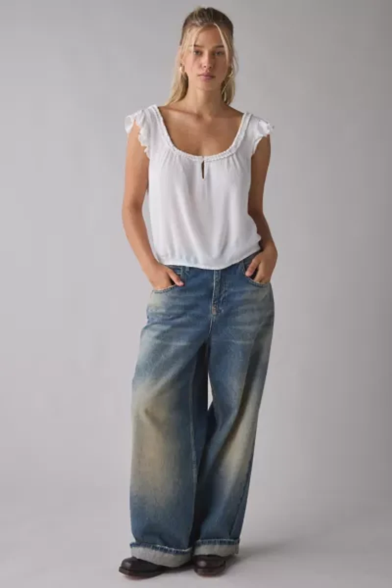 Motel Merisso Ruffle Trim Scoop Neck Keyhole Top