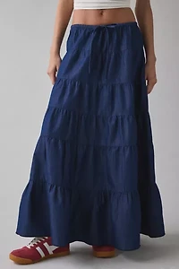UO Caysie Tiered Low-Rise Denim Maxi Skirt
