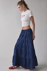 UO Caysie Tiered Low-Rise Denim Maxi Skirt