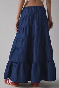 UO Caysie Tiered Low-Rise Denim Maxi Skirt