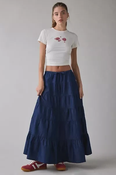 UO Caysie Tiered Low-Rise Denim Maxi Skirt