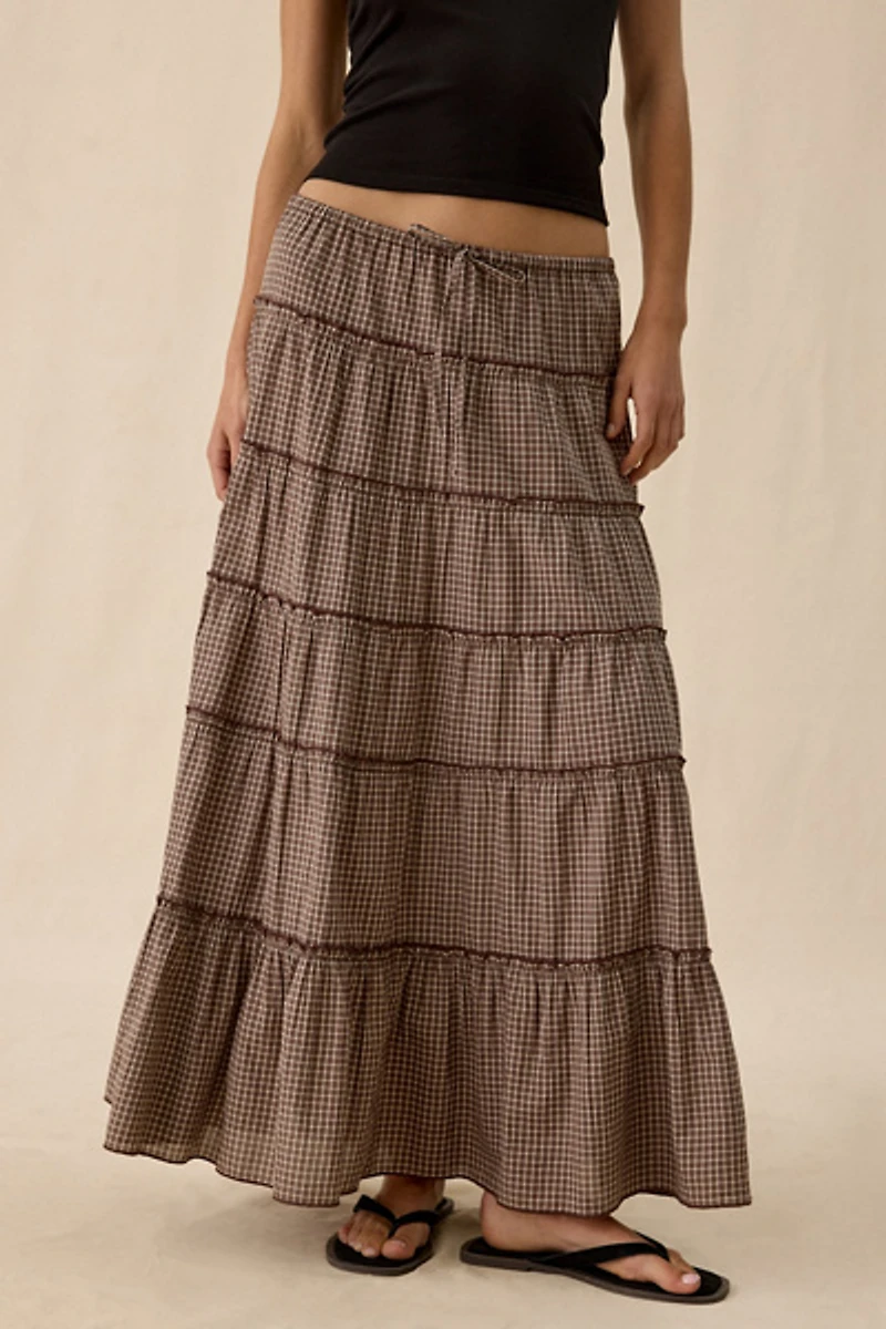 UO Caysie Plaid Pattern Low-Rise Tiered Maxi Skirt