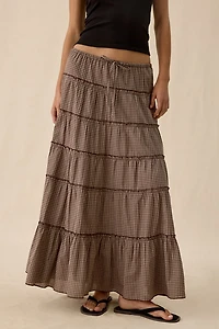 UO Caysie Plaid Pattern Low-Rise Tiered Maxi Skirt