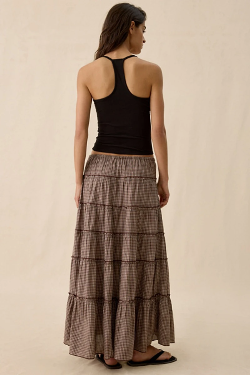 UO Caysie Plaid Pattern Low-Rise Tiered Maxi Skirt