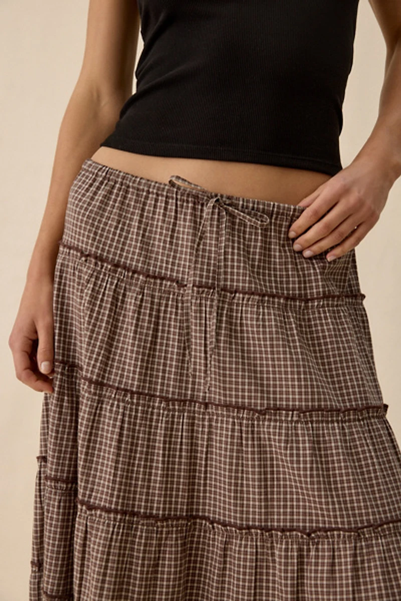 UO Caysie Plaid Pattern Low-Rise Tiered Maxi Skirt