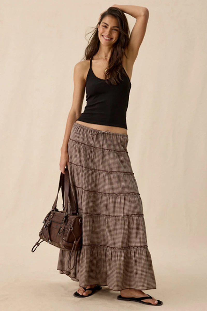 UO Caysie Plaid Pattern Low-Rise Tiered Maxi Skirt