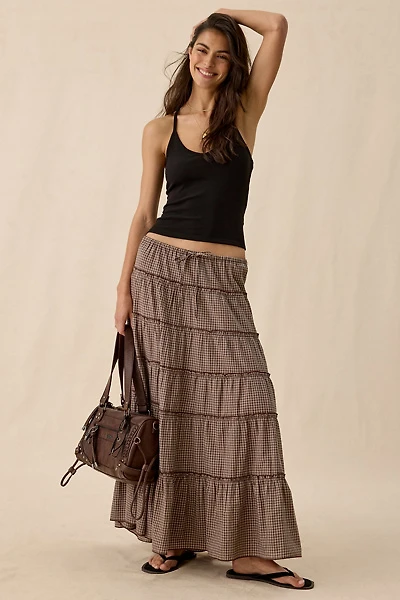 UO Caysie Plaid Pattern Low-Rise Tiered Maxi Skirt