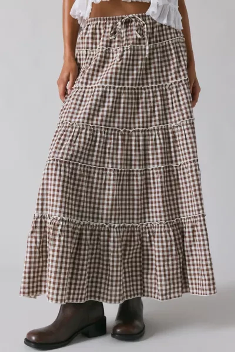 UO Caysie Brown Gingham Low-Rise Tiered Maxi Skirt