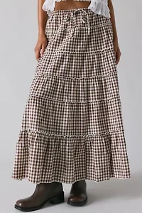UO Caysie Brown Gingham Low-Rise Tiered Maxi Skirt