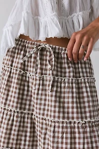 UO Caysie Brown Gingham Low-Rise Tiered Maxi Skirt