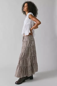 UO Caysie Brown Gingham Low-Rise Tiered Maxi Skirt