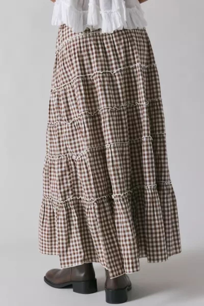 UO Caysie Brown Gingham Low-Rise Tiered Maxi Skirt