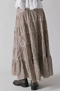 UO Caysie Brown Gingham Low-Rise Tiered Maxi Skirt