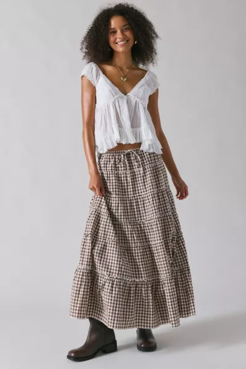 UO Caysie Brown Gingham Low-Rise Tiered Maxi Skirt