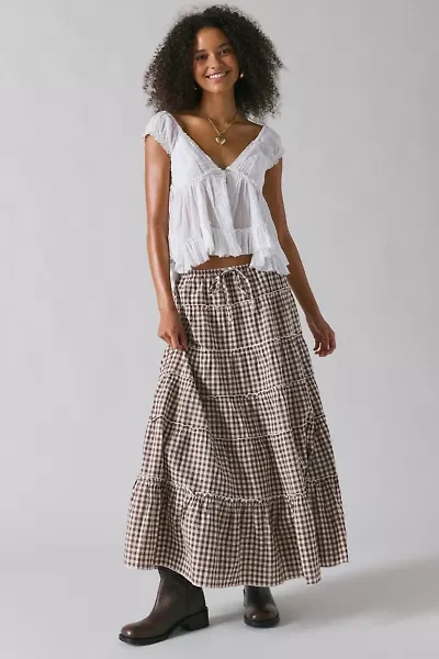 UO Caysie Brown Gingham Low-Rise Tiered Maxi Skirt