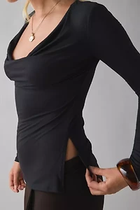 UO Late Night Jersey Knit Long Sleeve Cowl Neck Top