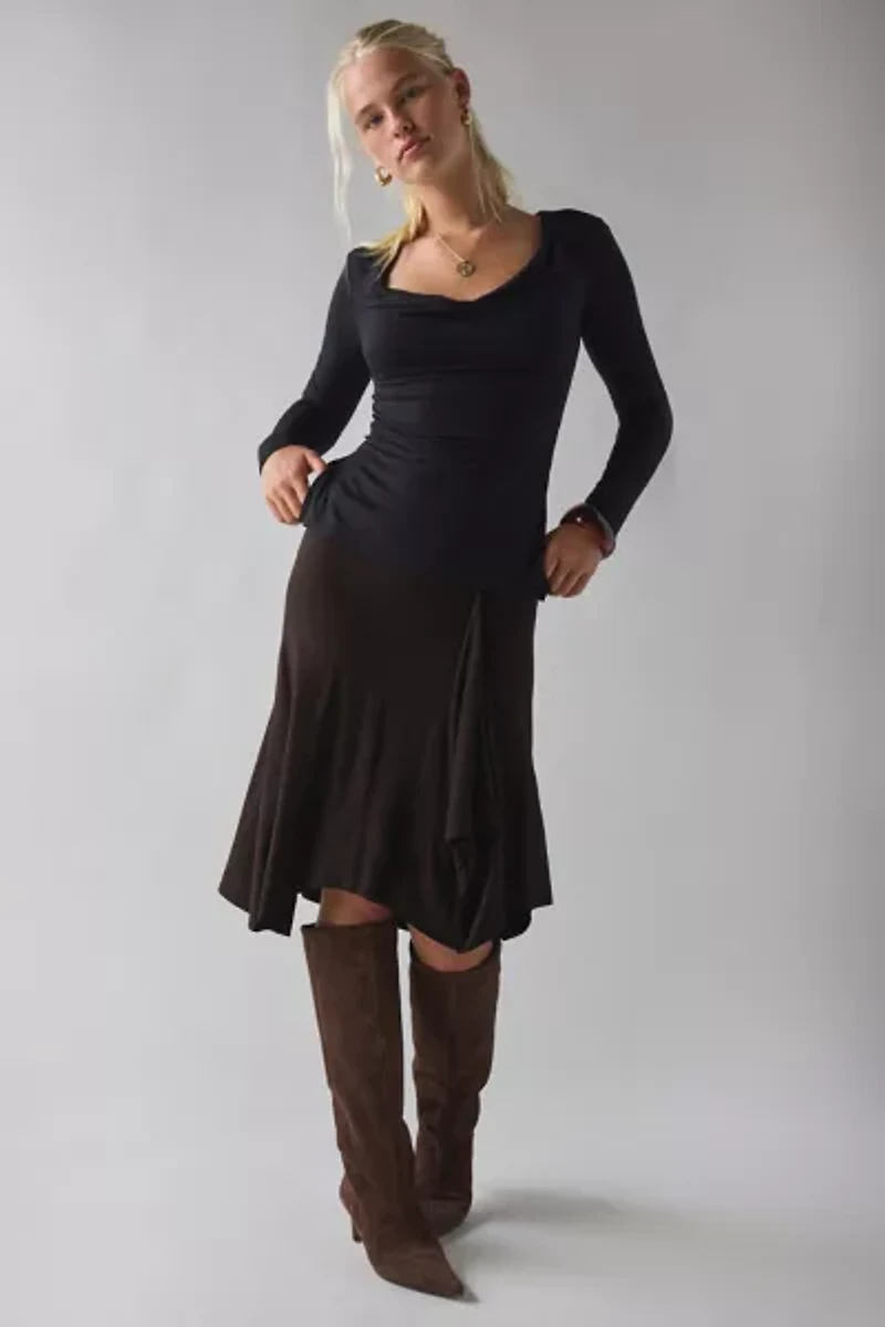 UO Late Night Jersey Knit Long Sleeve Cowl Neck Top