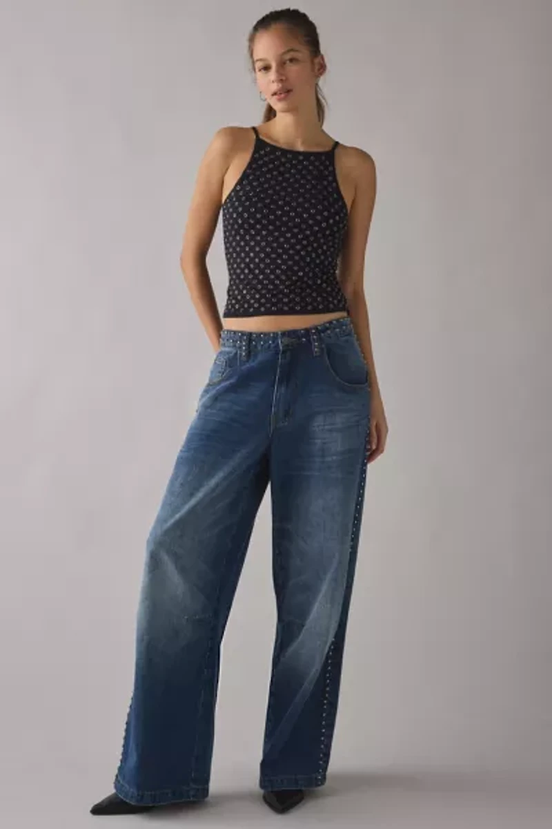 UO Carrie Silver Eyelet Studded Open-Back Cami