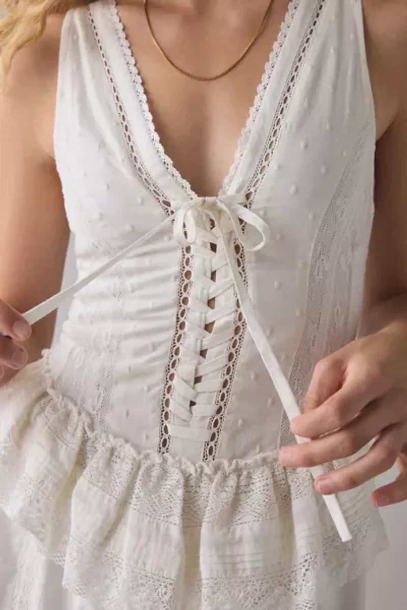 UO Perfectly Victorian Lace Trim Corset Midi Dress