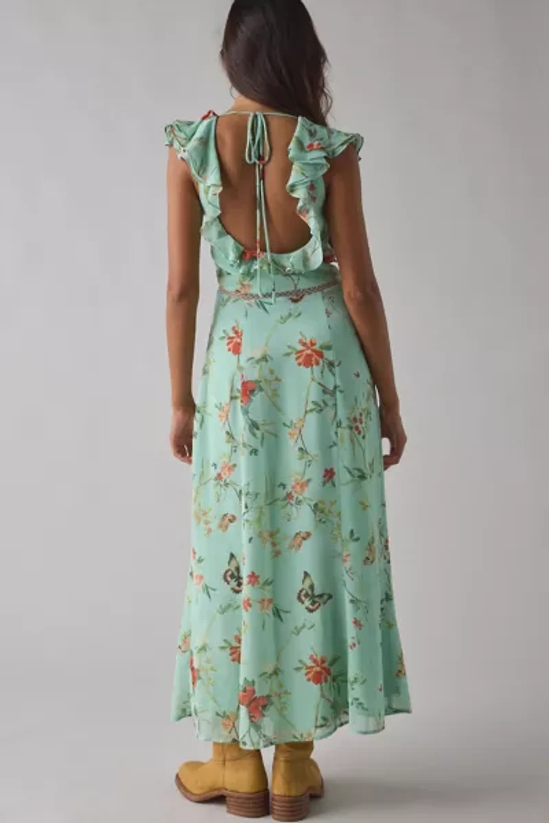 Kimchi Blue Ruffled Romance Cutout Tie-Back Slip Midi Dress