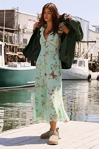 Kimchi Blue Ruffled Romance Cutout Tie-Back Slip Midi Dress