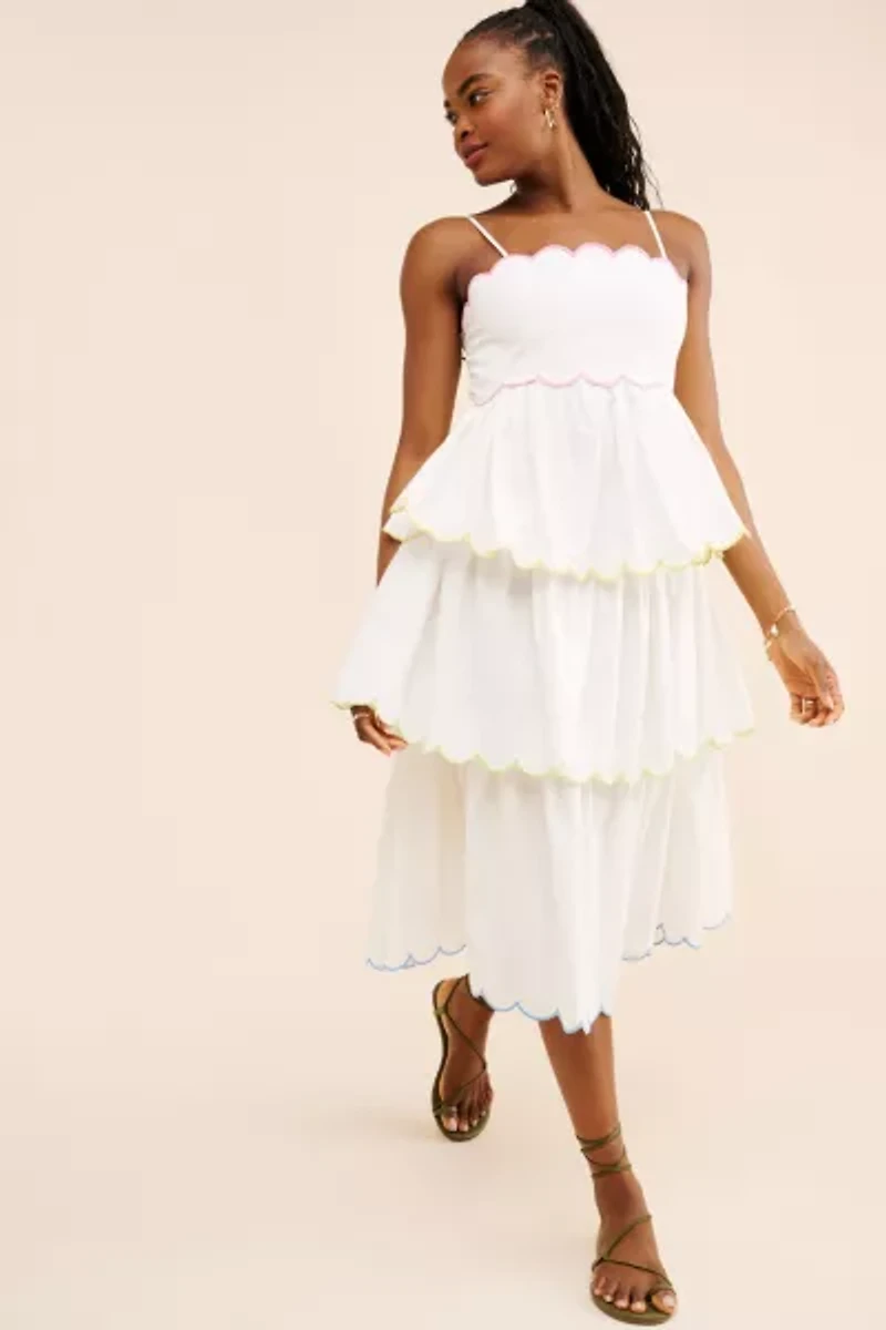 English Factory Tiered Scallop Sleeveless Midi Dress
