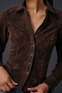 BDG Sabrina Faux Suede Long Sleeve Slim Button-Up Shirt