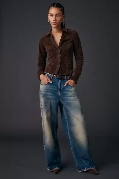 BDG Sabrina Faux Suede Long Sleeve Slim Button-Up Shirt