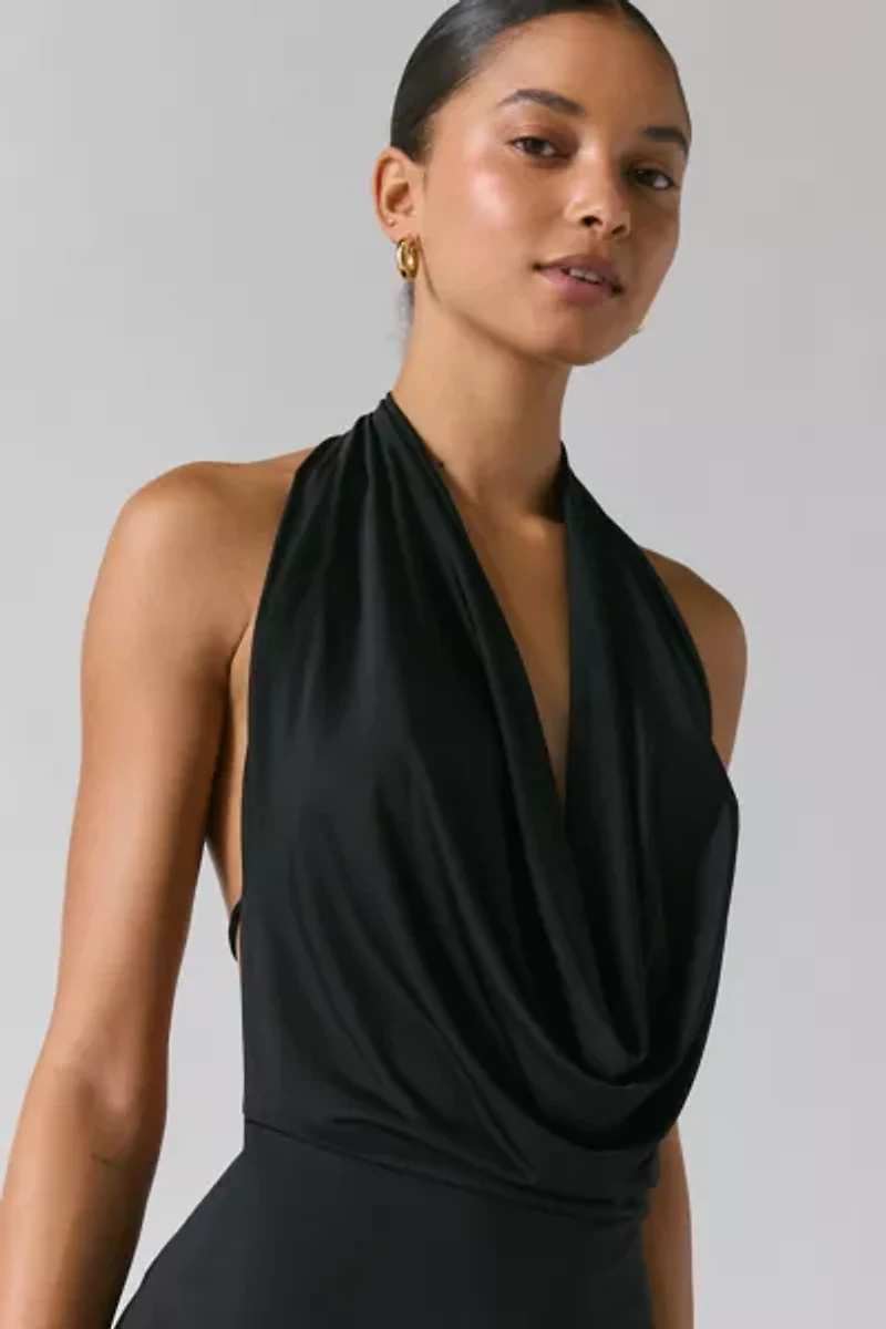UO Invite Only Plunging Halter Cowl Open-Back Maxi Dress