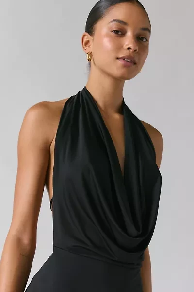 UO Invite Only Plunging Halter Cowl Open-Back Maxi Dress