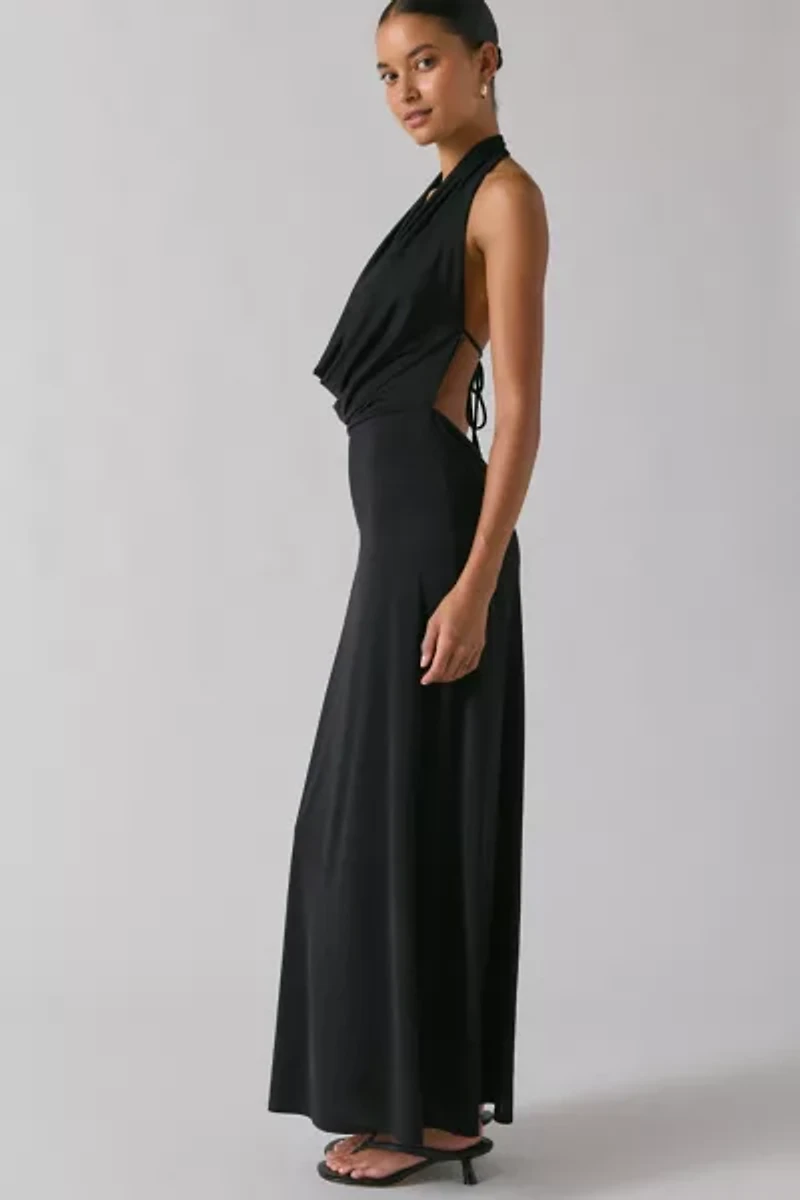 UO Invite Only Plunging Halter Cowl Open-Back Maxi Dress