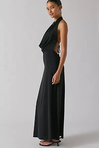 UO Invite Only Plunging Halter Cowl Open-Back Maxi Dress