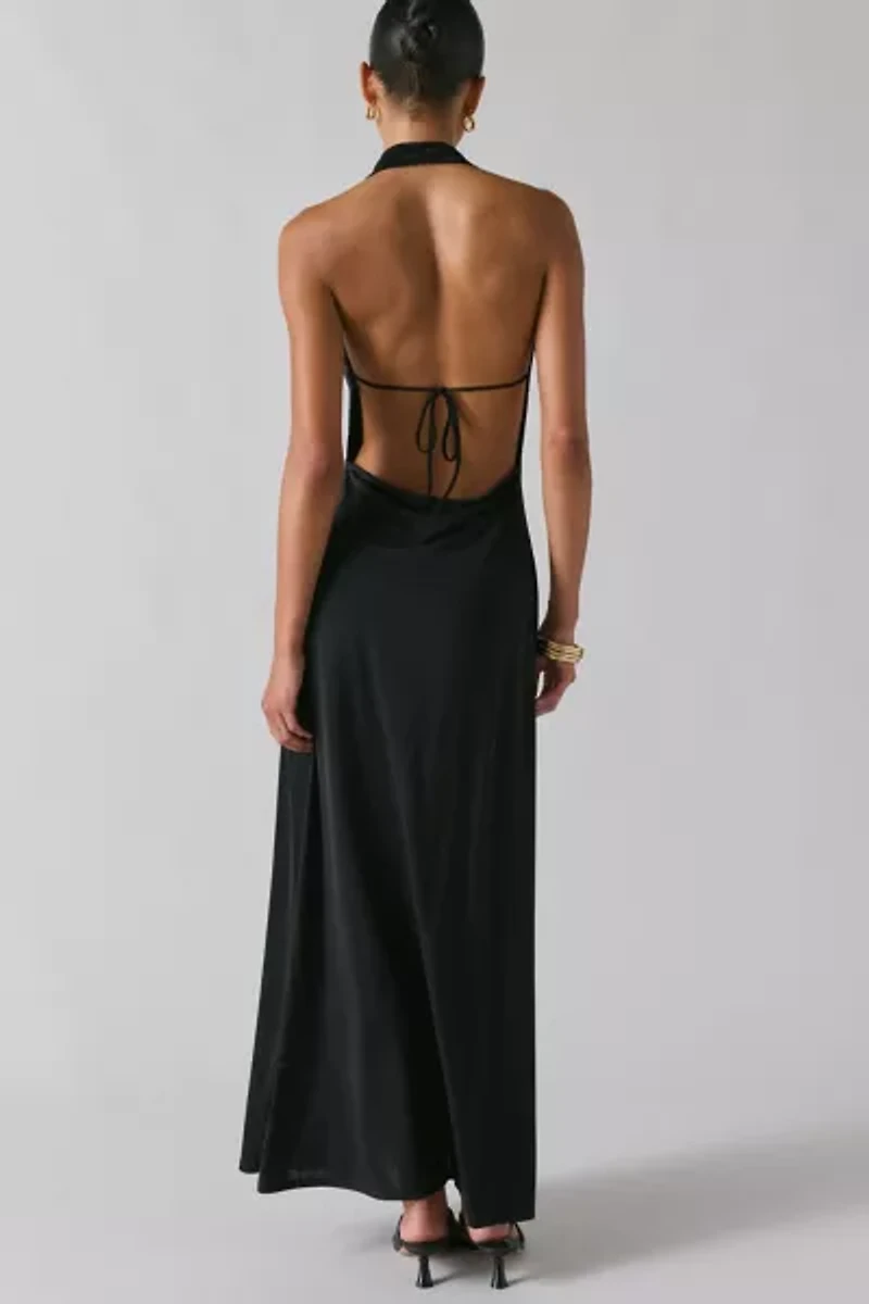 UO Invite Only Plunging Halter Cowl Open-Back Maxi Dress