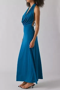 UO Invite Only Plunging Halter Cowl Open-Back Maxi Dress