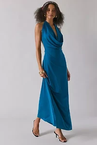 UO Invite Only Plunging Halter Cowl Open-Back Maxi Dress