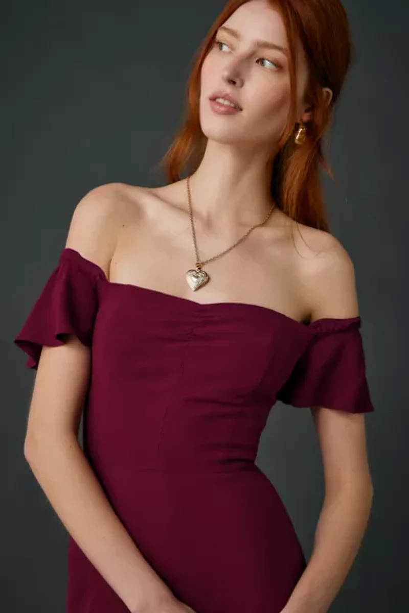 UO Over The Moon Flutter Sleeve Off-The-Shoulder Midi Dress