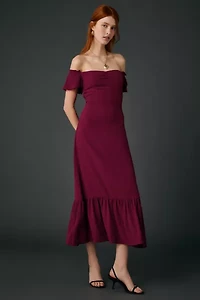 UO Over The Moon Flutter Sleeve Off-The-Shoulder Midi Dress