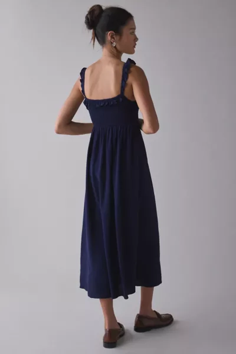 UO Selene Smocked Square Neck Ruffle Midi Dress