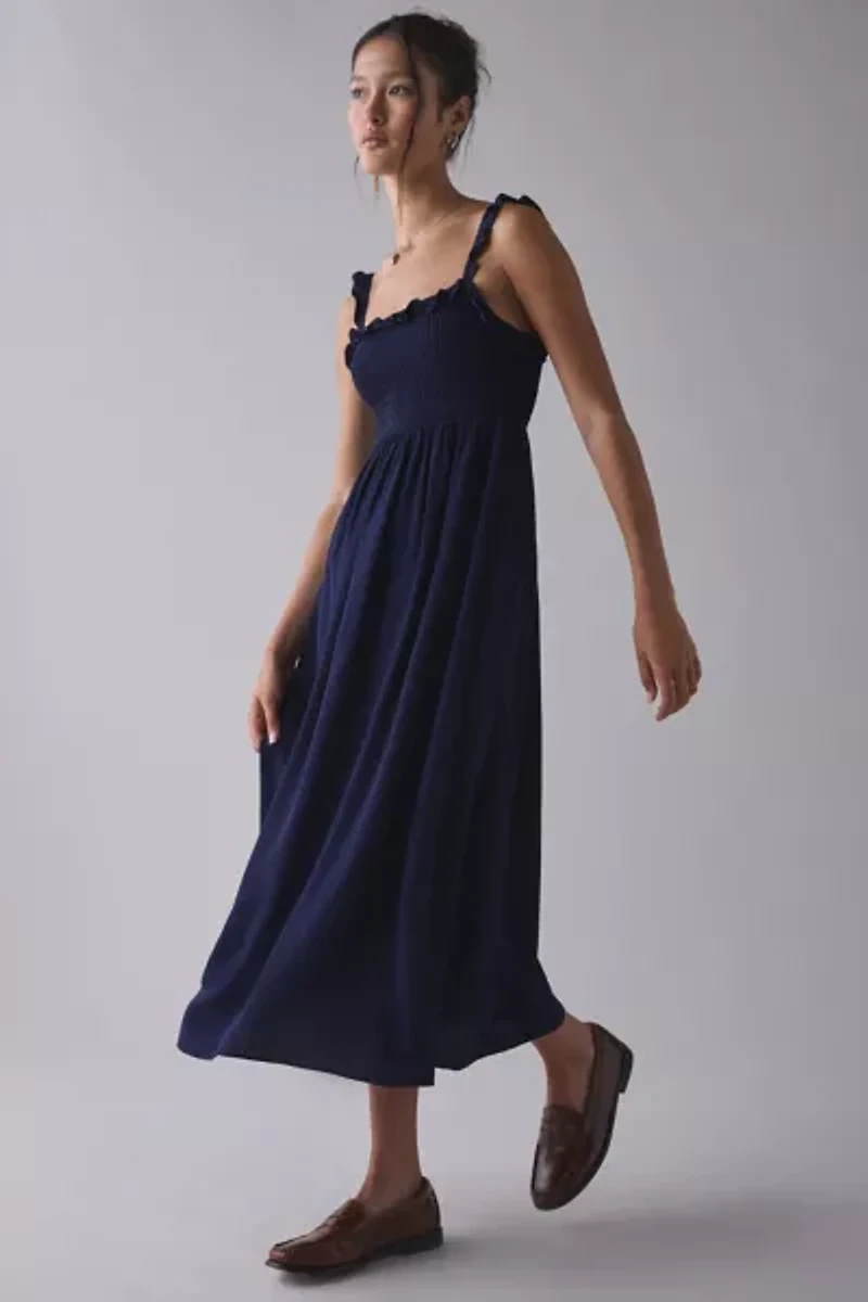 UO Selene Smocked Square Neck Ruffle Midi Dress