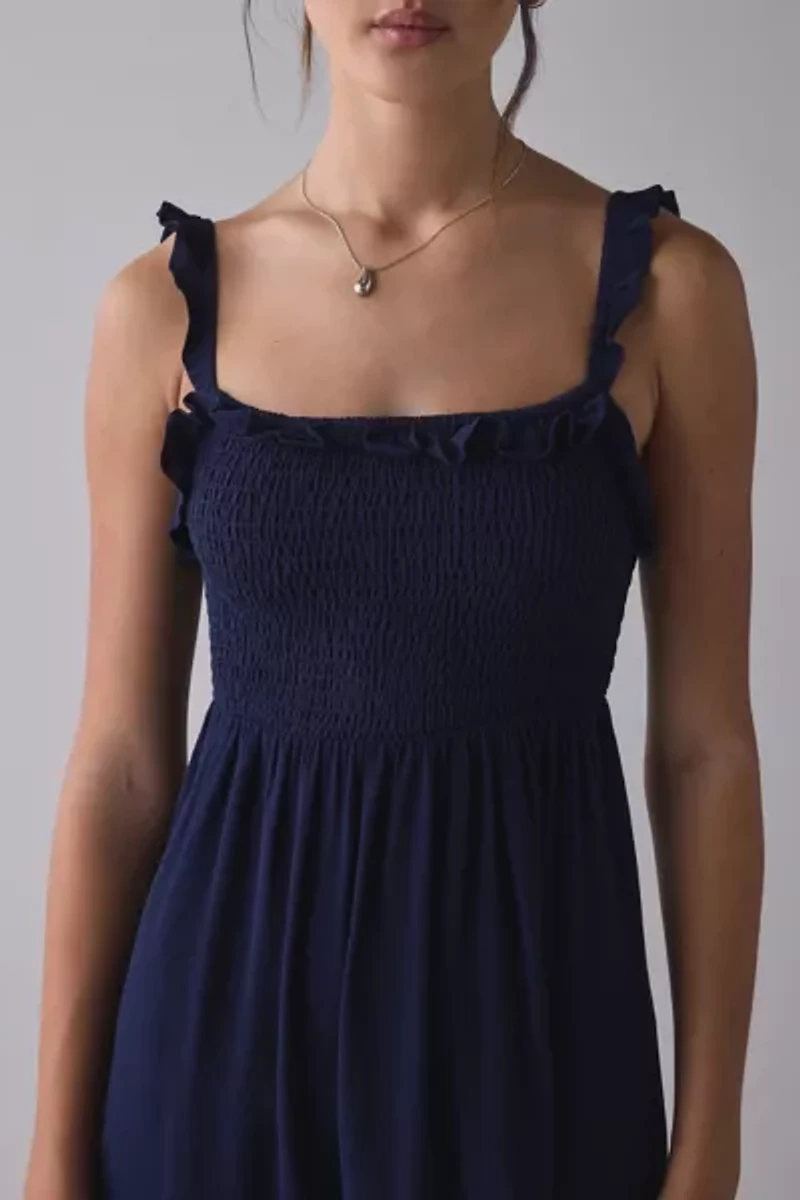 UO Selene Smocked Square Neck Ruffle Midi Dress