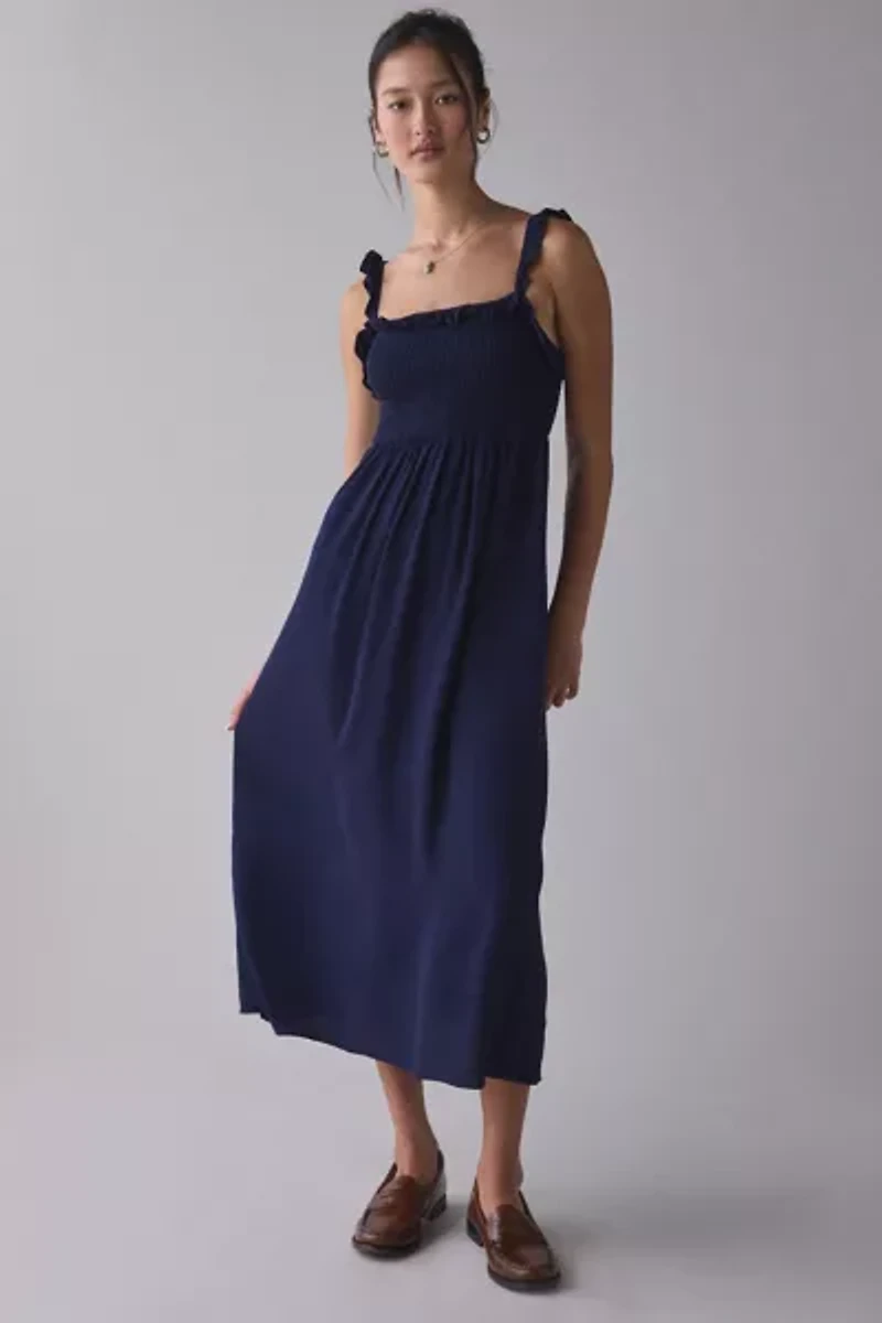 UO Selene Smocked Square Neck Ruffle Midi Dress