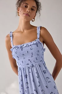 UO Selene Smocked Square Neck Ruffle Midi Dress